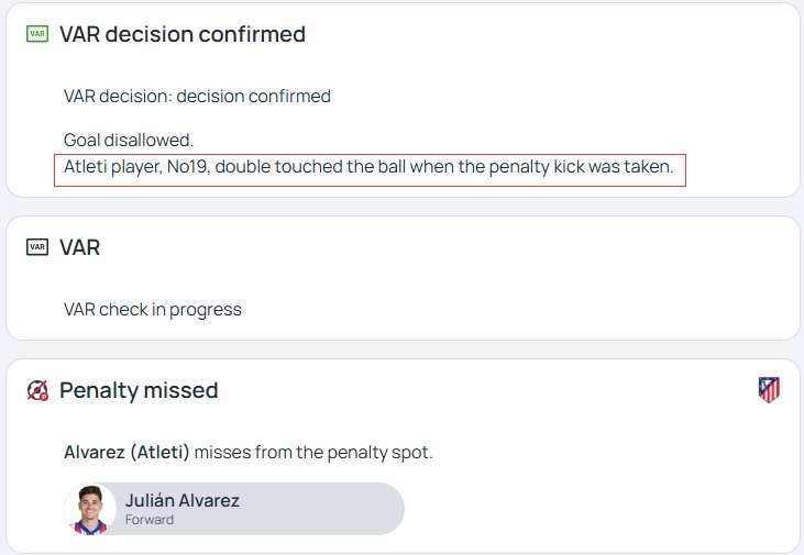 官方明確！歐冠官網：阿爾瓦雷斯罰點時2次觸球，VAR決定進球無效